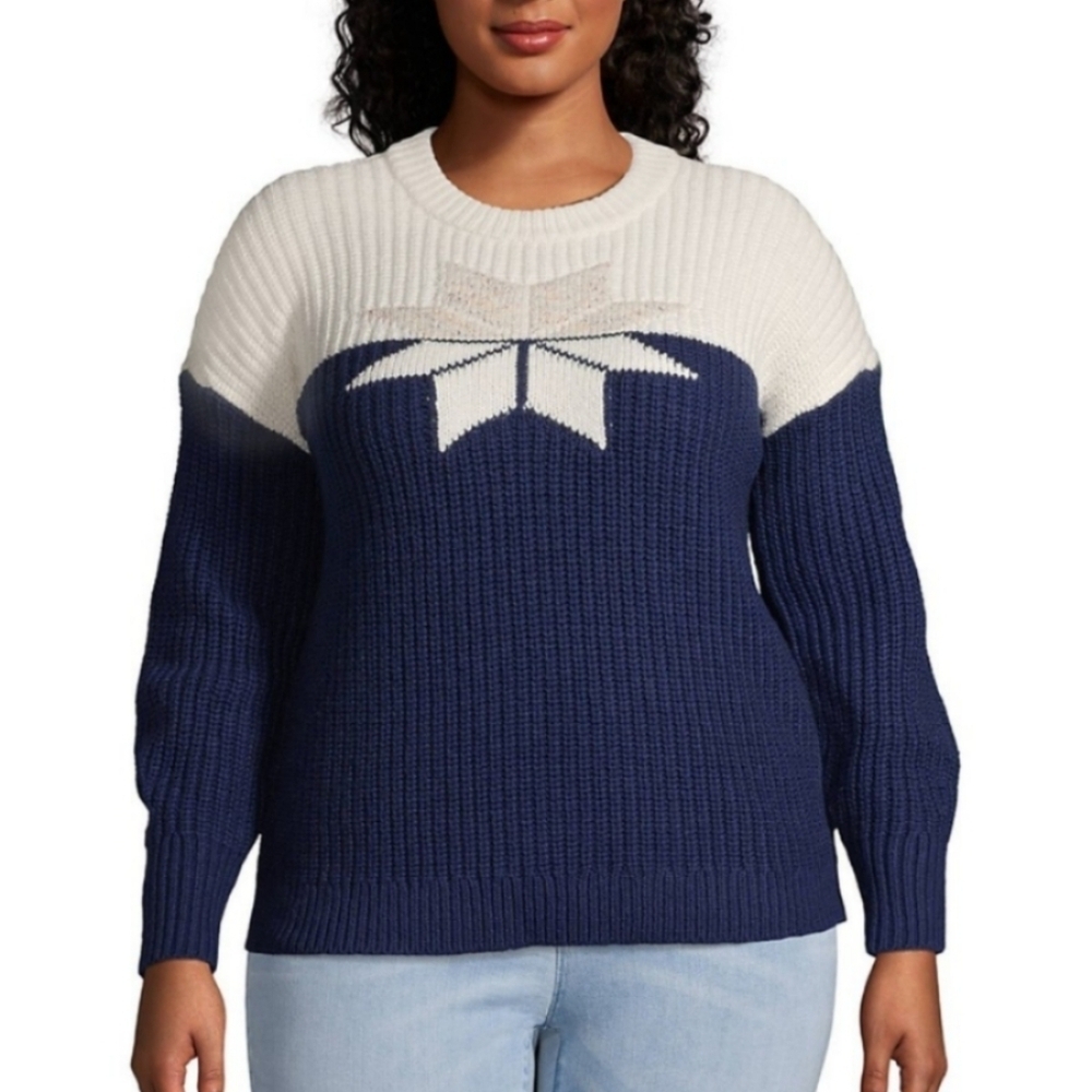 Lands' End Navy and Cream Crew Neck Sweater
